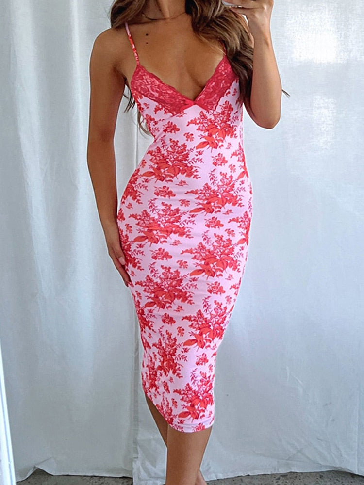 Pink Floral Print V-Neck Lace Slip Midi Dress