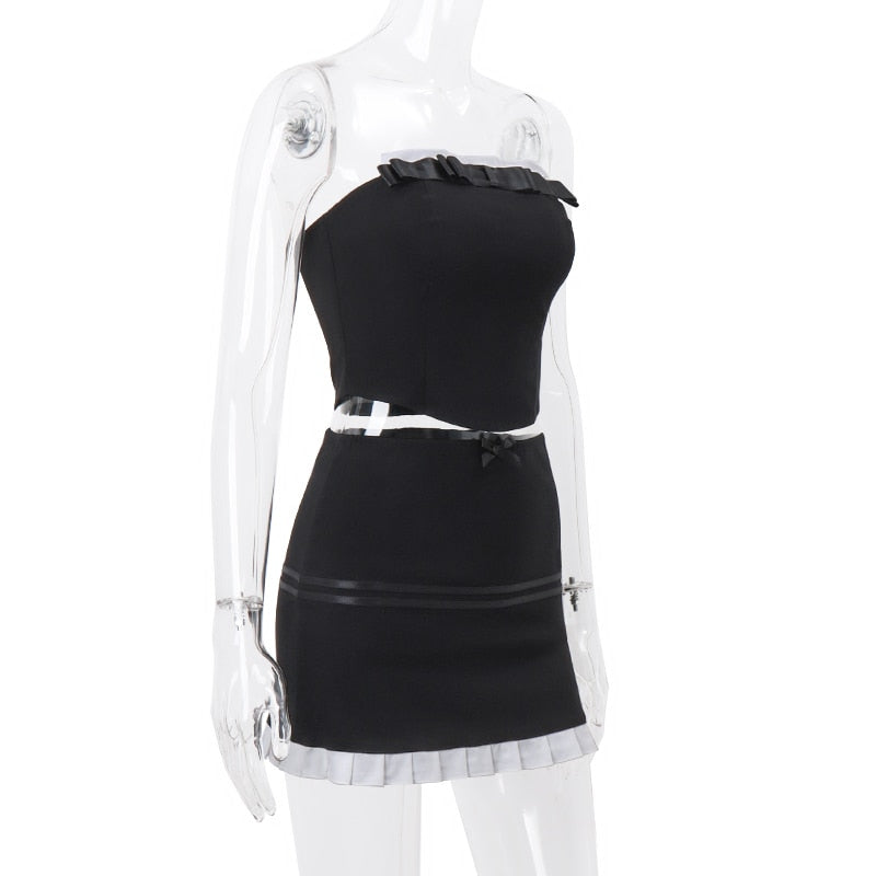 Black Frill Trim Tube Top And Mini Skirt Set