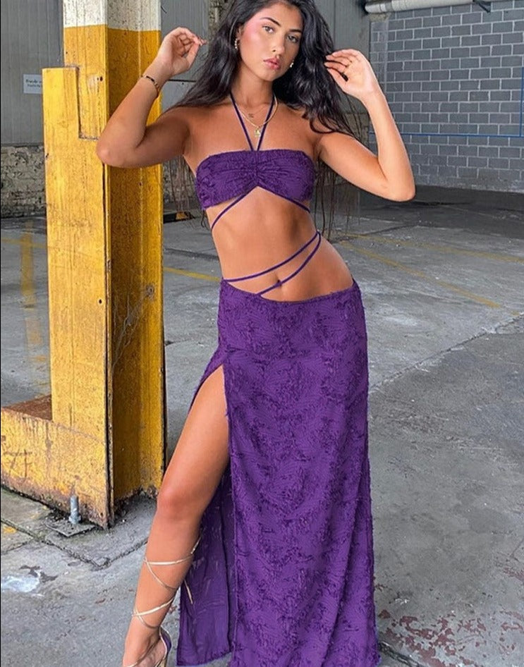 Purple Tube Crop Top And Maxi Skirt Tie Up Set