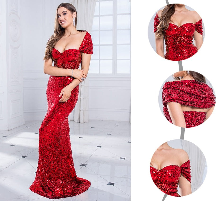 Sequin Off the Shoulder Backless Wrap Floor-Length Dresses