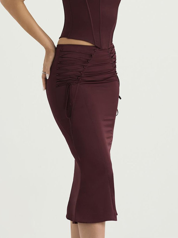 Burgundy Strap Corset Top And Lace Tie-Up Midi Skirt Set