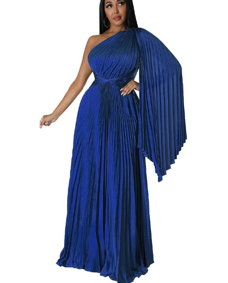 Satin Pleated Drape Sleeve Floor-Length Dresses