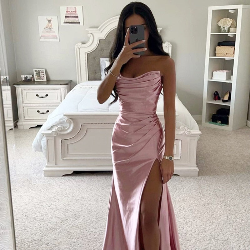 Satin Sleeveless High Slit Maxi Dresses