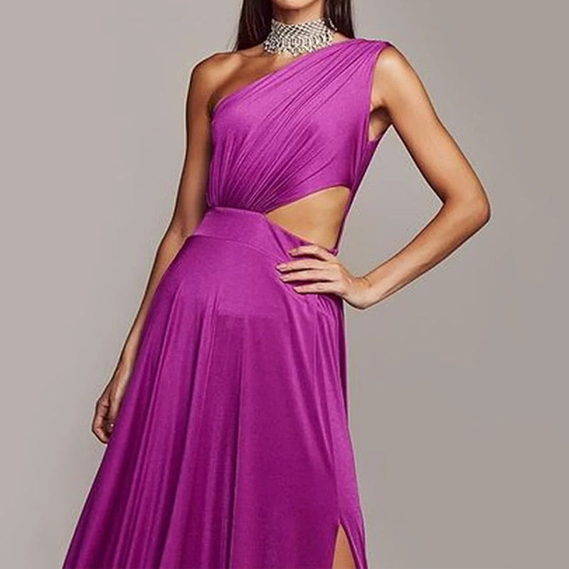 One Shoulder Sleeveless Hollow Slit Maxi Dress