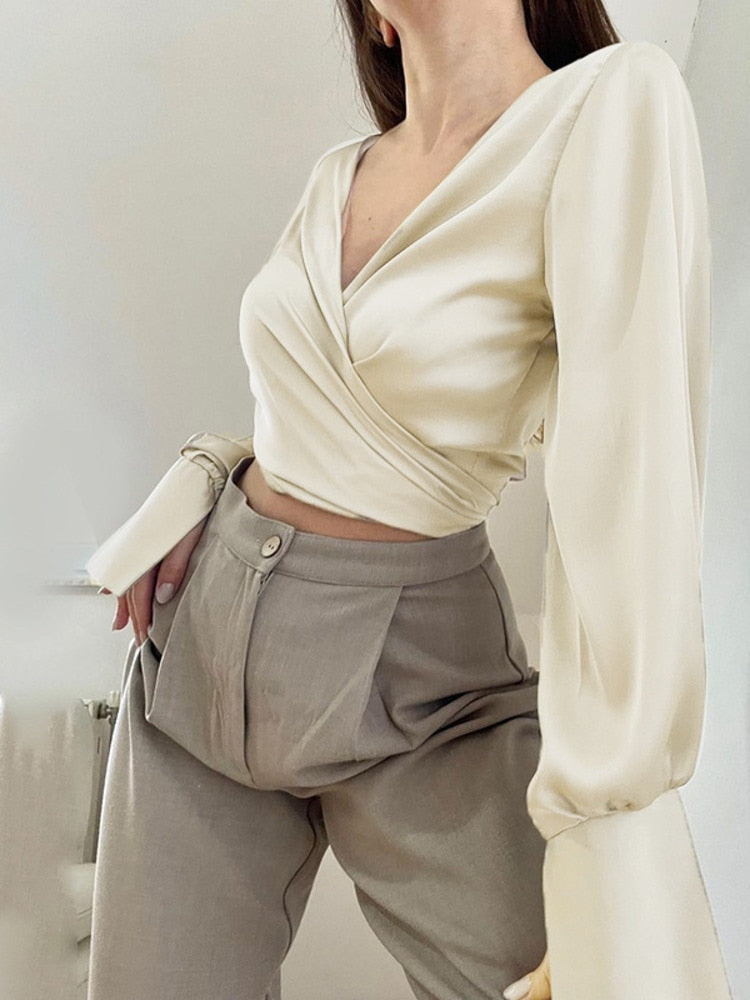 Satin Long Sleeve Wrap Tie Up Crop Shirt