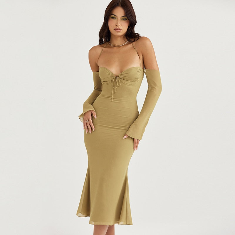 Halter Off Shoulder Long Sleeve Midi Dresses