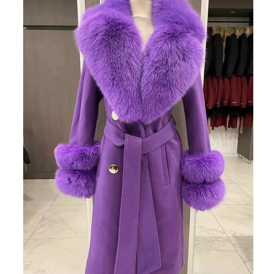 Cashmere Wool Long Coats Real Fur Big Collar & Cuffs