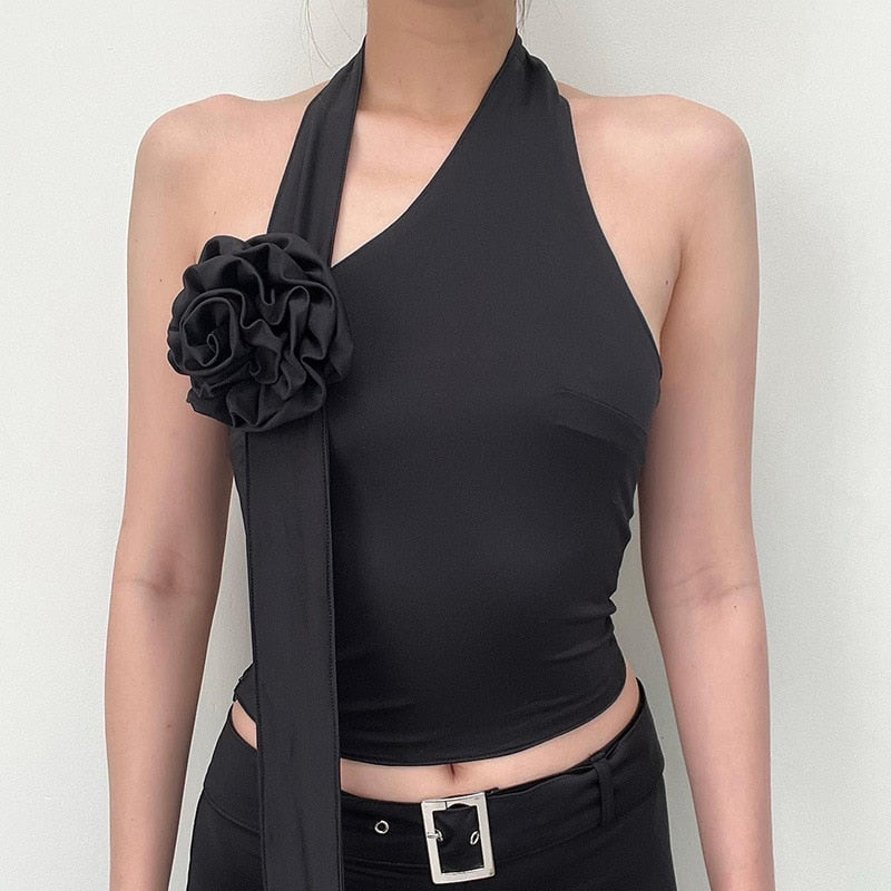 Black Flower Brooch Halter Draped Multi-Way Top