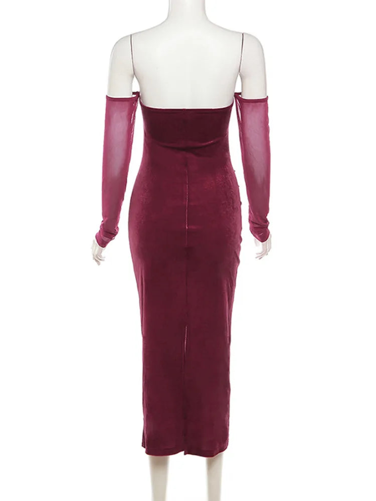 Velvet Maroon Off-Shoulder Bodycon Midi Dress