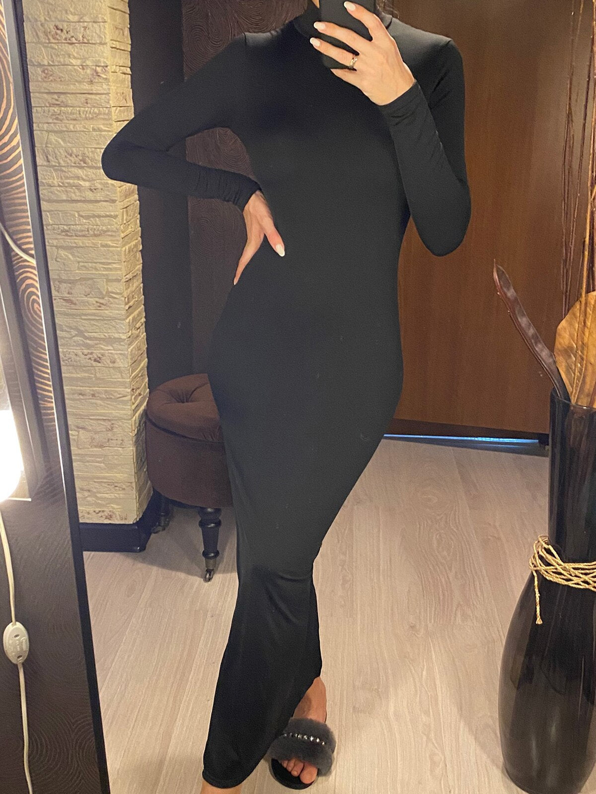 Black Long Sleeve O Neck Split Maxi Dress