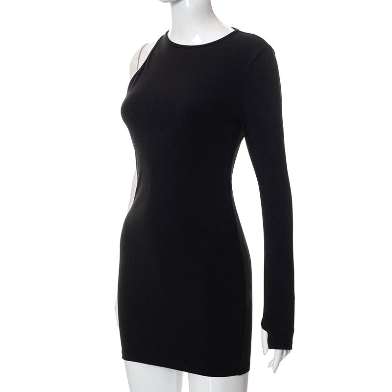 Black One Side Long Sleeve Bodycon Mini Dress