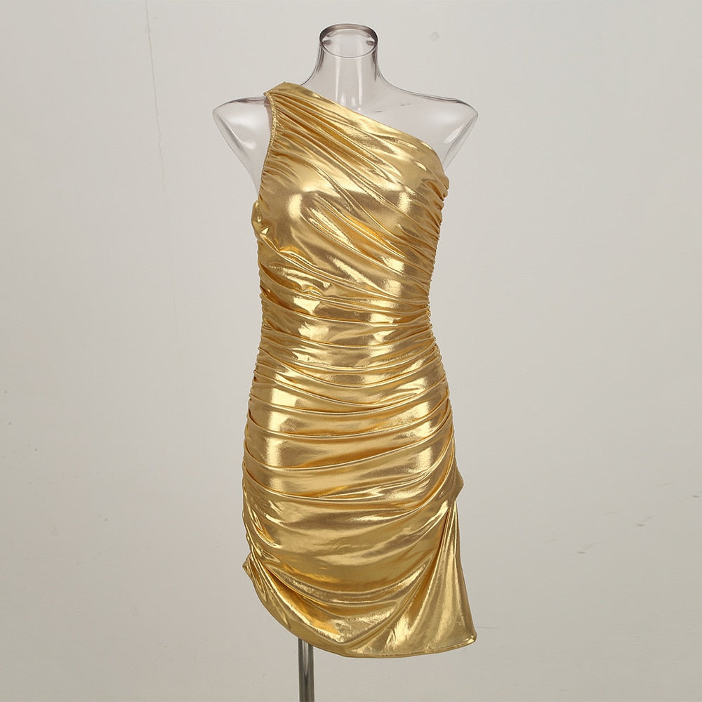 Golden Ruched One Shoulder Bodycon Midi Dress