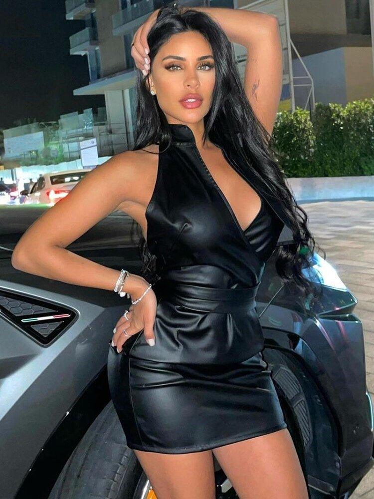 Biker Halter V-neck Dress