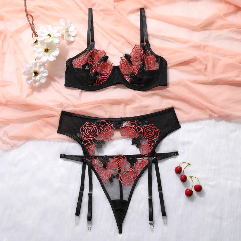 Black Floral Embroidered Lingerie Set