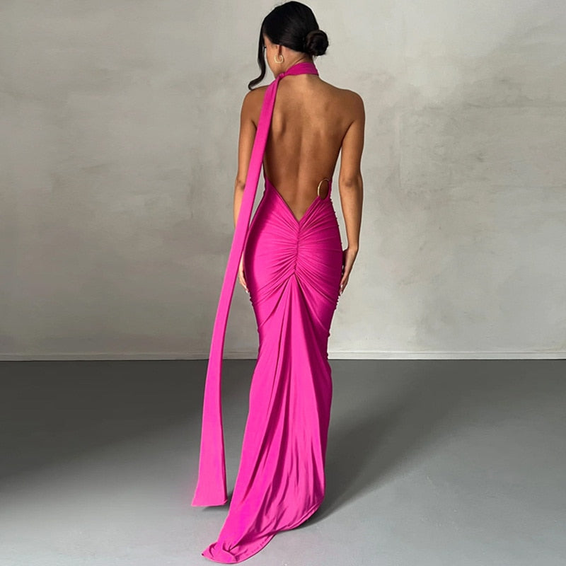 One Shoulder Back Tie Sleeveless Maxi Dresses