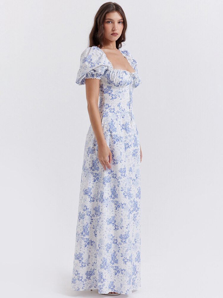 Blue Floral Print Short Puff Sleeve With Pocket Maxi Dress