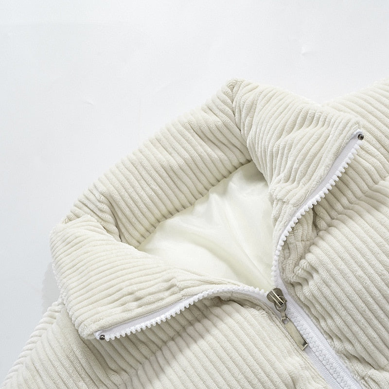 White Corduroy Cropped Puffer Zipper Jacket