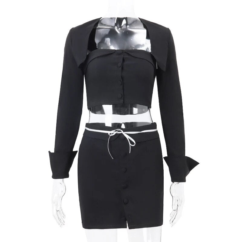 Black Long Sleeve Button Crop Top And Mini Skirt Set