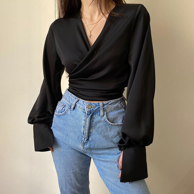 Satin Long Sleeve Wrap Tie Up Crop Shirt