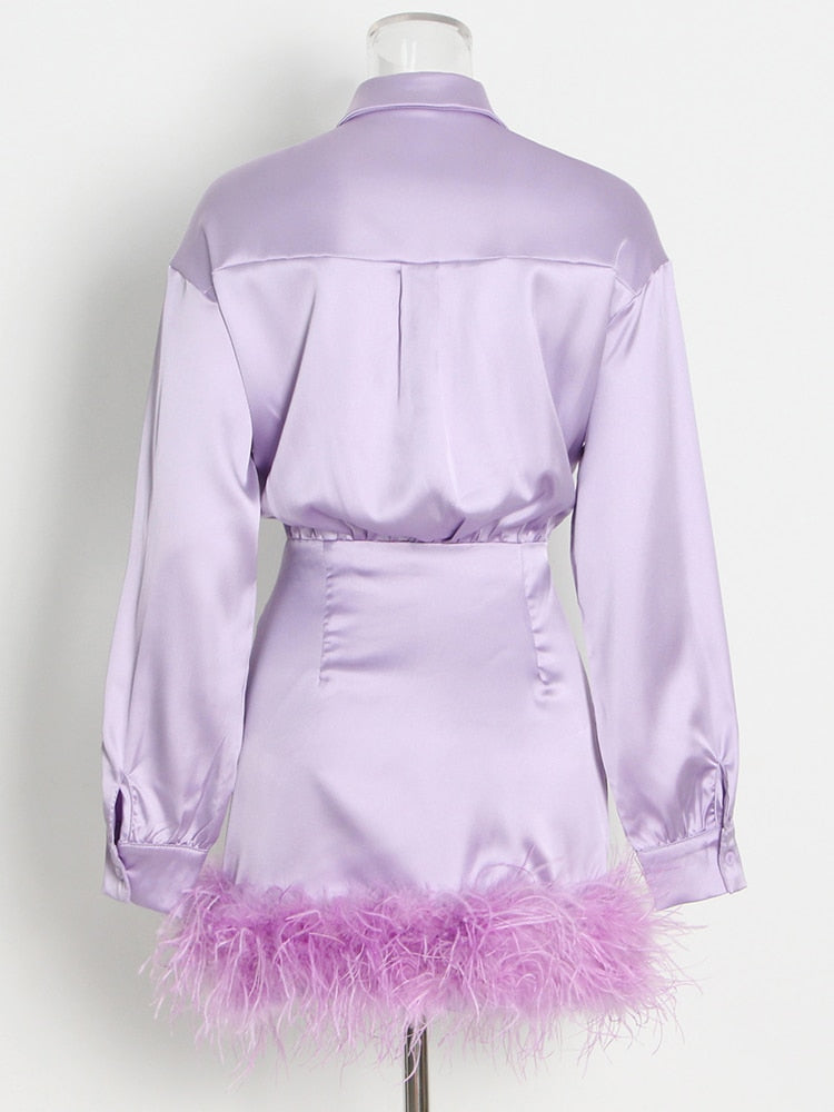 Purple Satin Shirt Style Fur Trim Mini Dress