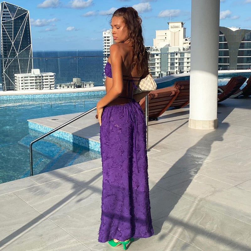 Purple Tube Crop Top And Maxi Skirt Tie Up Set