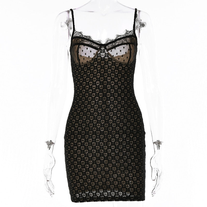 Black Polka Dot Lace Sheer Cupped Bodycon Mini Dress