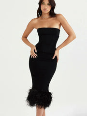 Corset Tube Fur Trim Bodycon Midi Dress