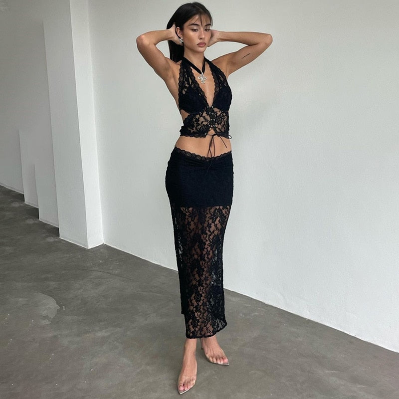 Black Lace Sheer Tie-Up Halter Crop Top