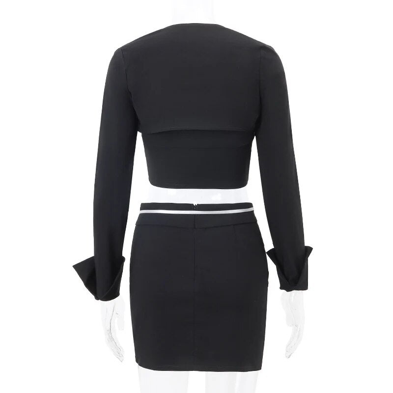 Black Long Sleeve Button Crop Top And Mini Skirt Set