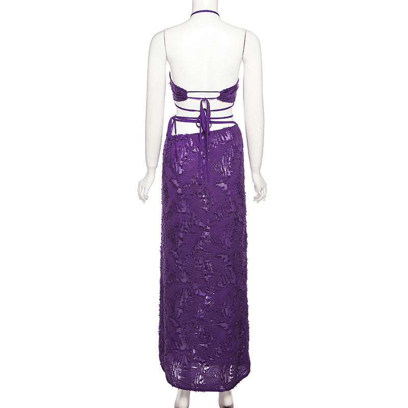 Purple Tube Crop Top And Maxi Skirt Tie Up Set