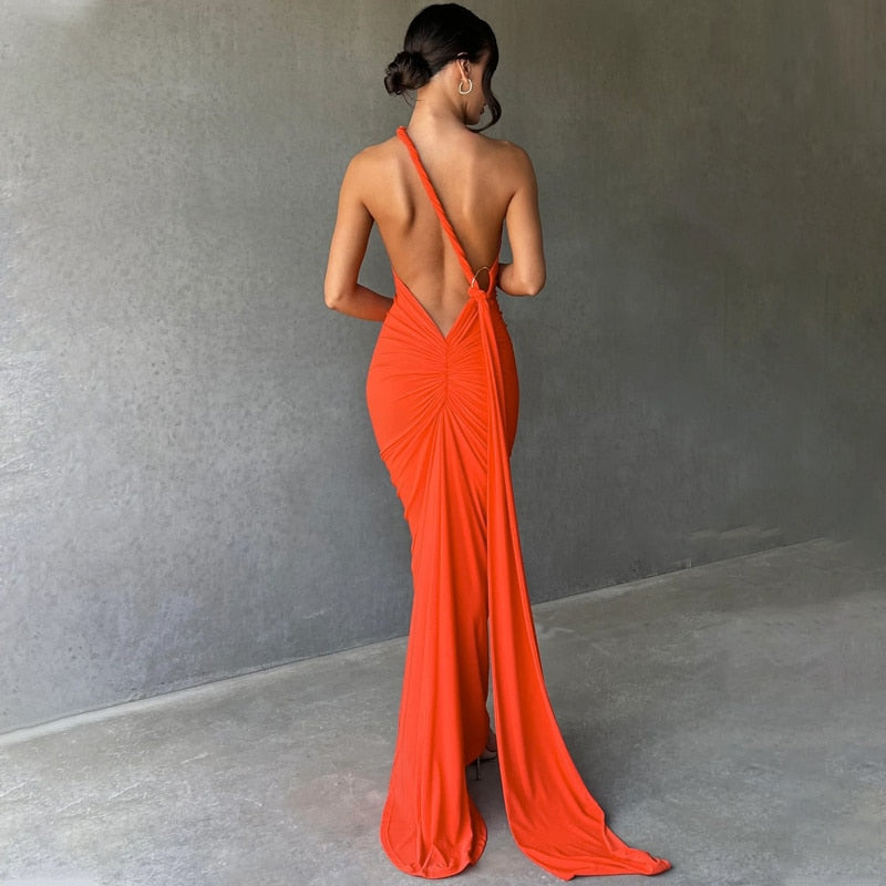 One Shoulder Back Tie Sleeveless Maxi Dresses