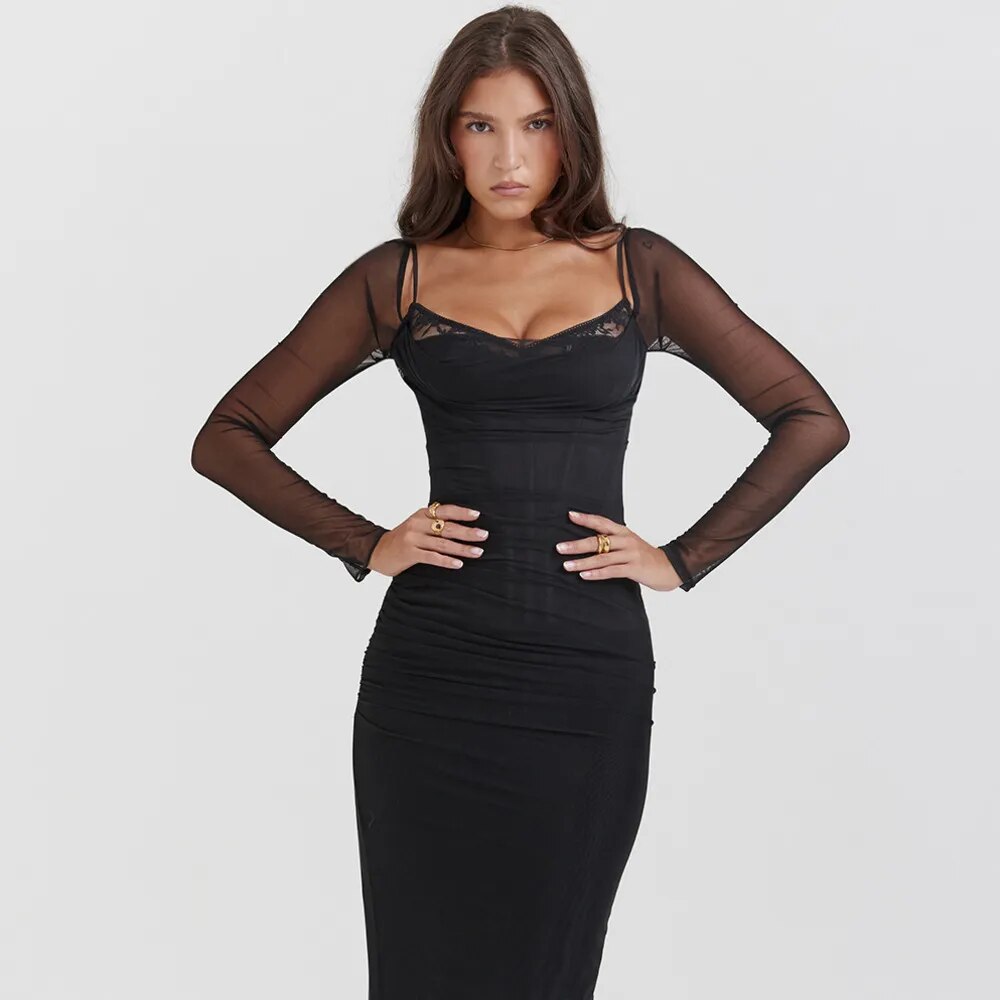 Black Long Sleeve Mesh Bodycon Maxi Dress