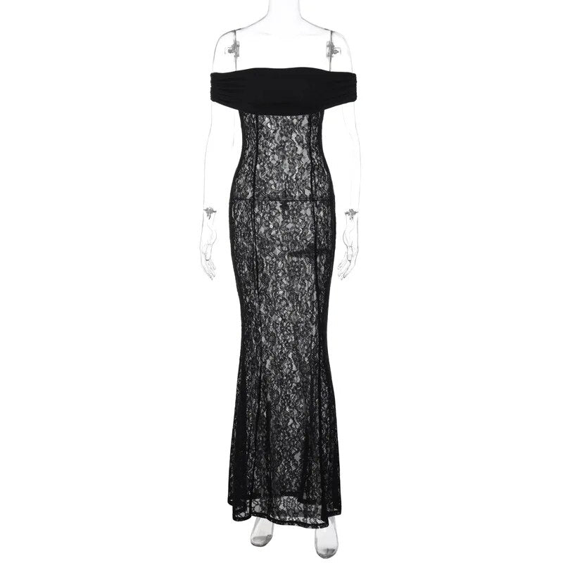 Black Sheer Lace Off Shoulder Maxi Dress