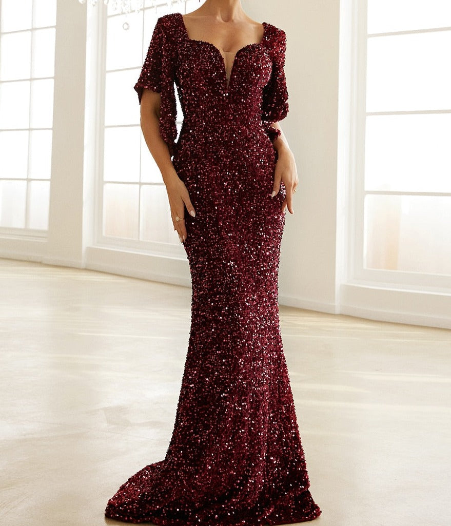 Sequin Short Sleeve Drape Floor Length Dresses