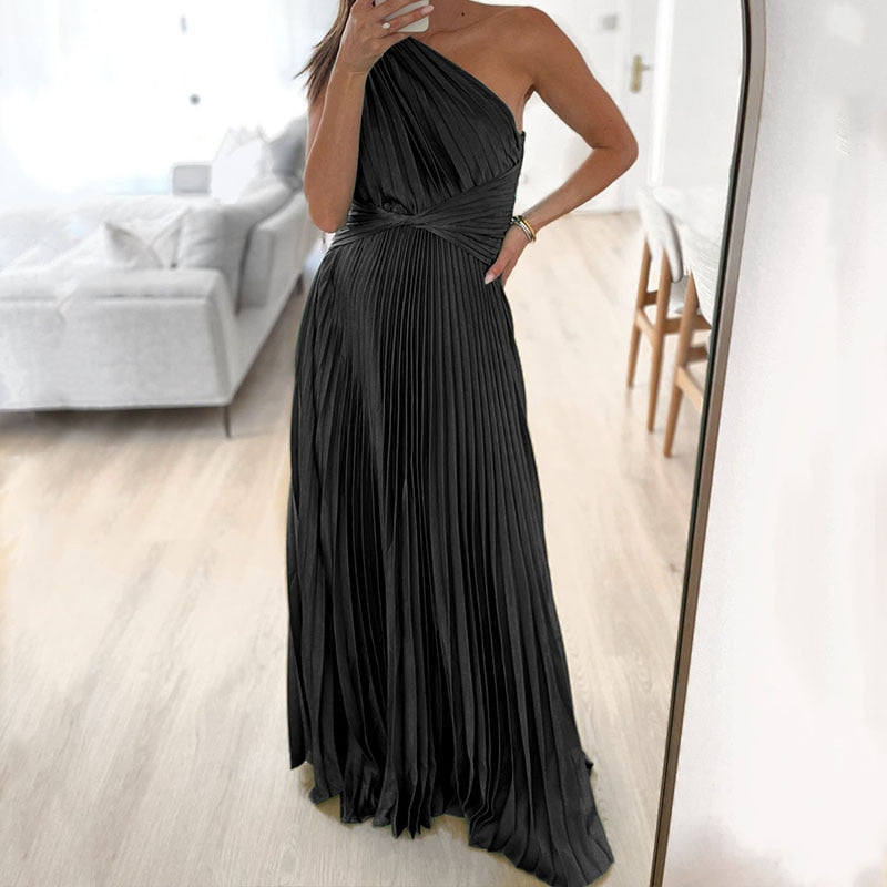 Satin Pleated Drape Sleeve Floor-Length Dresses