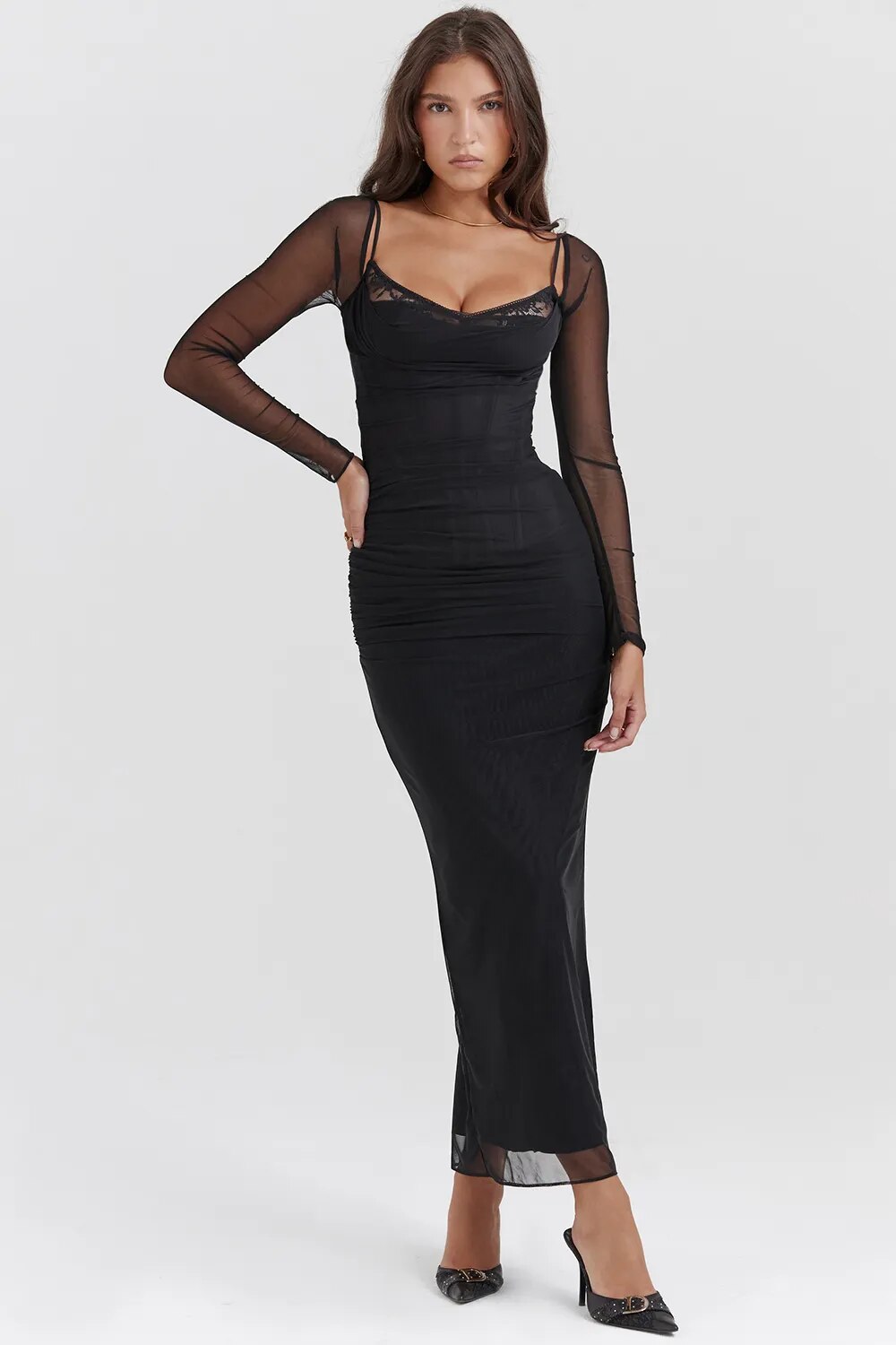 Black Long Sleeve Mesh Bodycon Maxi Dress