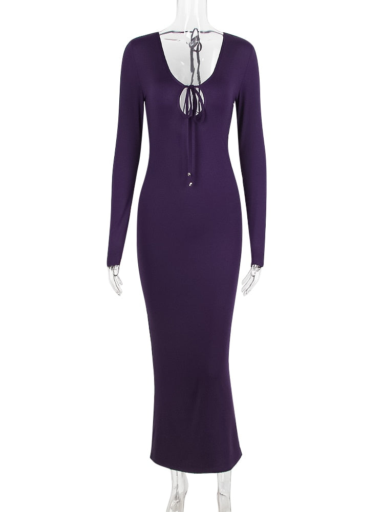 Purple Long Sleeve Tie Up Maxi Dress