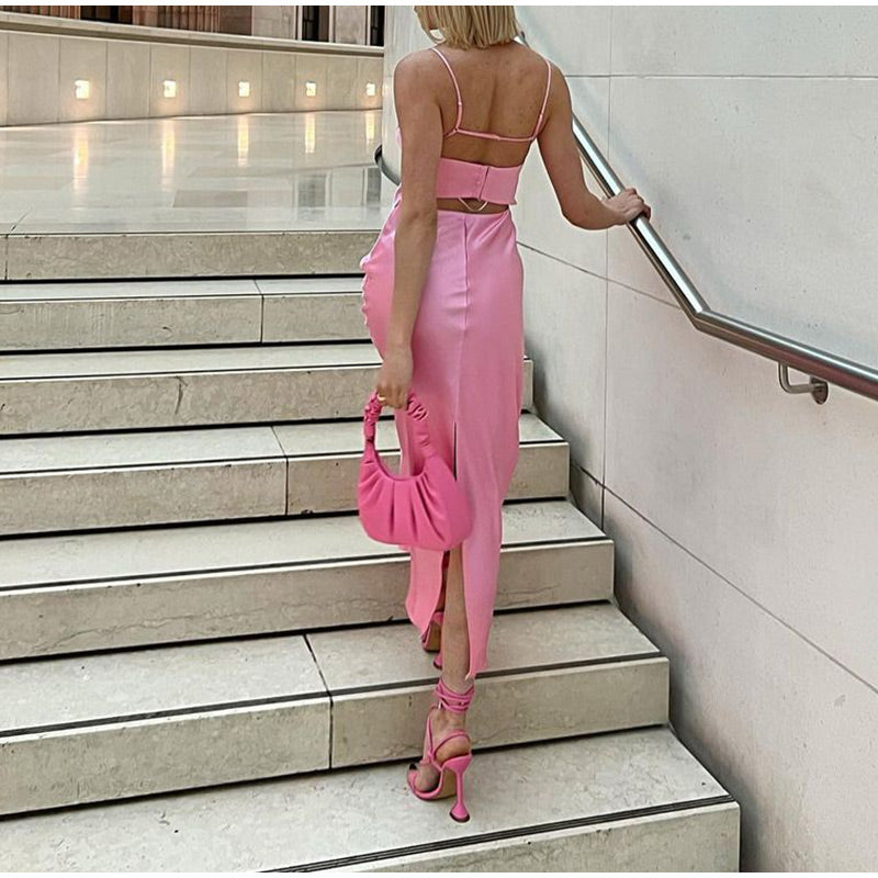 Satin Sleeveless Backless Slit Midi Dress