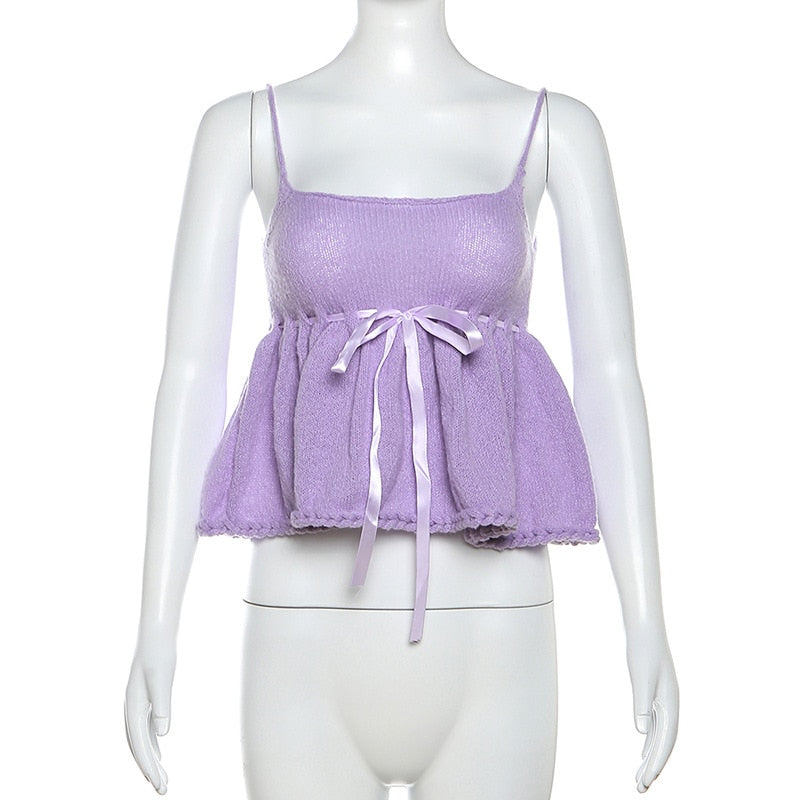 Purple Knitted Cami Lace Bow Crop Top