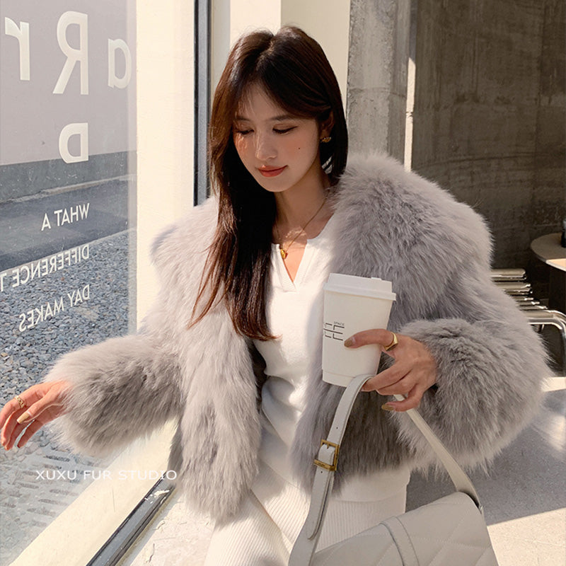 Fluffy Large Collar Knitted Real Fur Coats