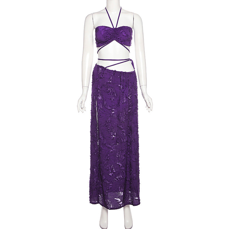 Purple Tube Crop Top And Maxi Skirt Tie Up Set