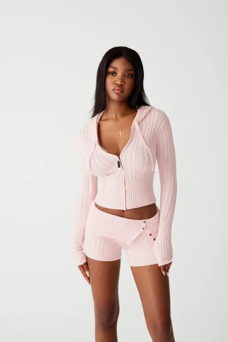 Knitted Zipper Hoddie Top And High Waist Short Set