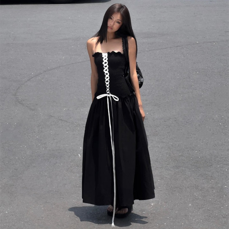 Black Tube Ruched Lace Up Maxi Dress