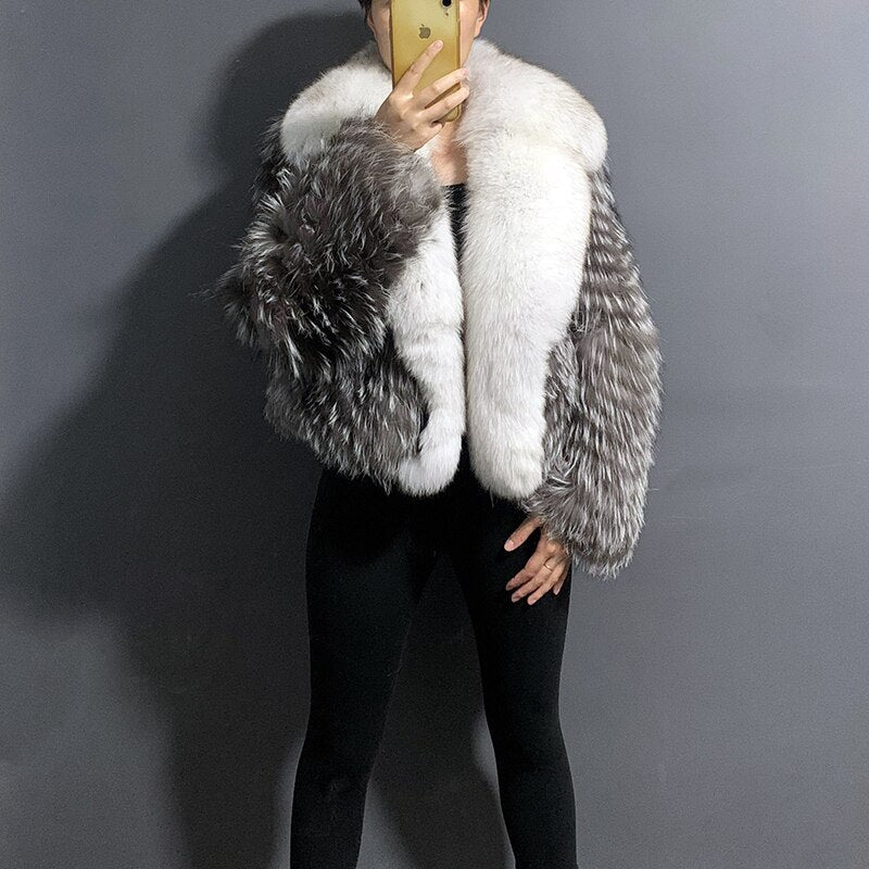 Striped Real Silver Fox Fur Coat with Big Fox Collar