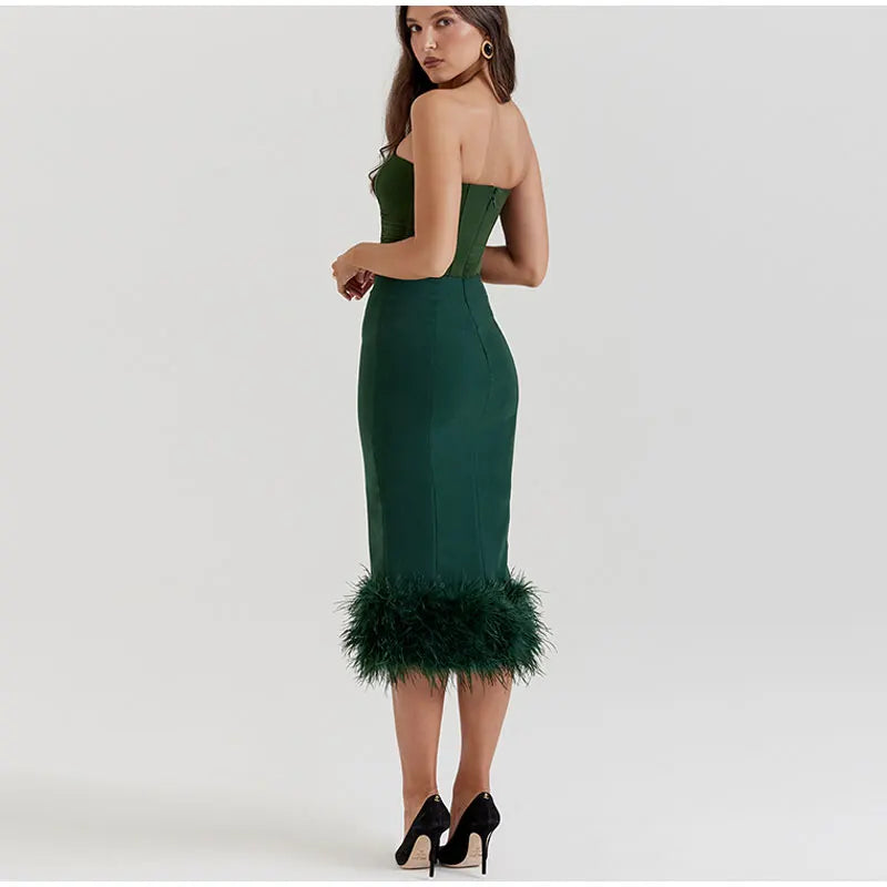 Corset Tube Fur Trim Bodycon Midi Dress