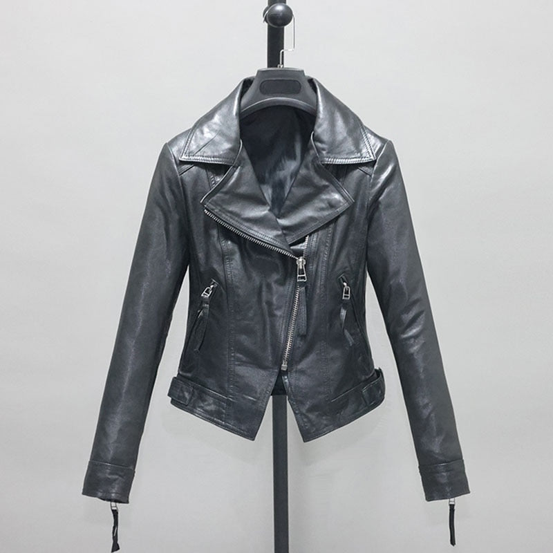 Genuine Leather Short Slim Moto Jacket