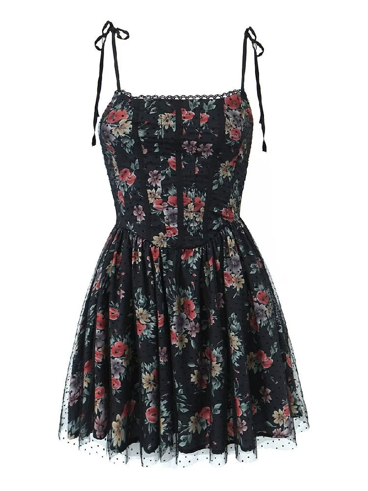 Black Floral Print Tie-Up Corset Frill Mini Dress