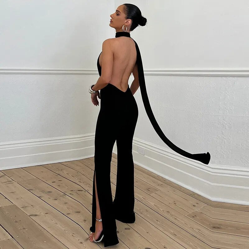 Black Halter Backless Bandage Jumpsuit