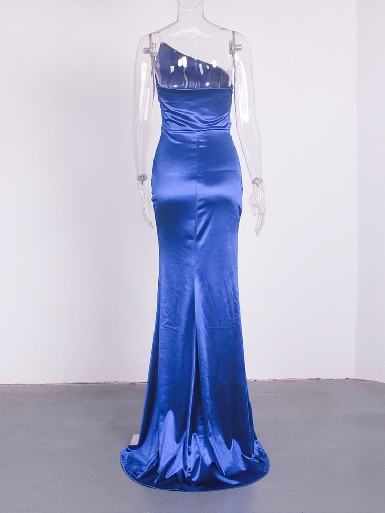 Blue Satin Backless Sleeveless Ruched Slit Maxi Dress