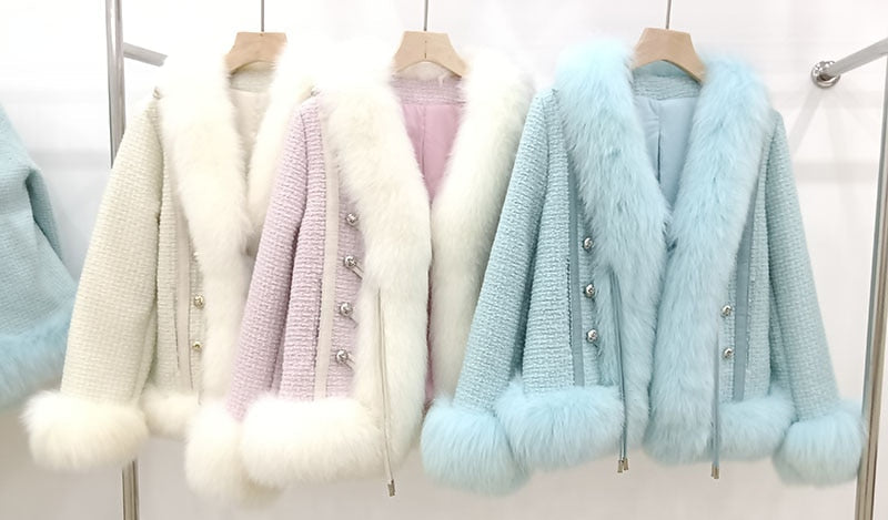 Wool Blend Real Fox Fur Coats